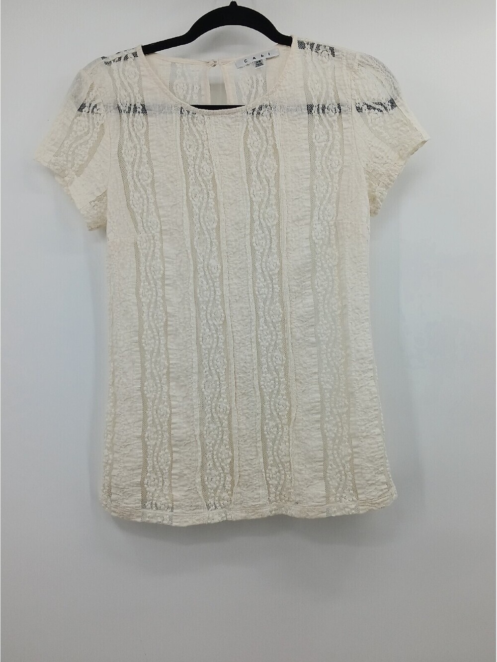 Cabi Women's Top Extra Small White Lace Short Sleeve Round Neck Casual Work
